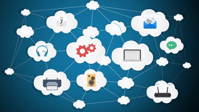 Cloud Computing Network with Connected Device Icons on Blue Background