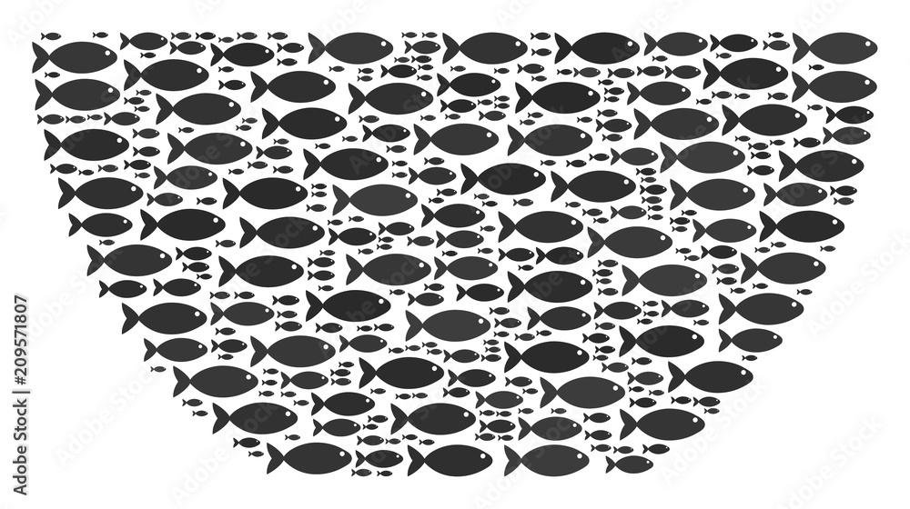 Poster bowl vector figure constructed of randomized fish pictograms in various sizes. fish icons are arrang