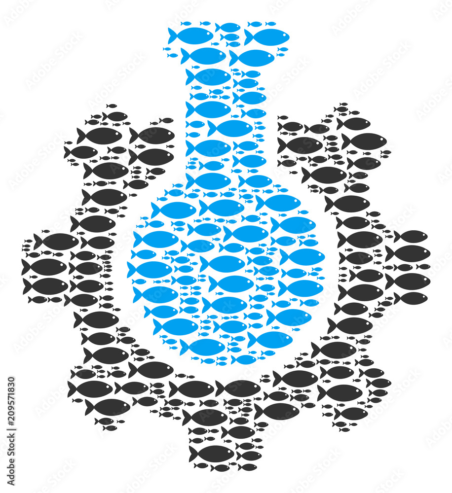 Poster chemical industry vector figure composed with scattered fish elements in variable sizes. fish icons 