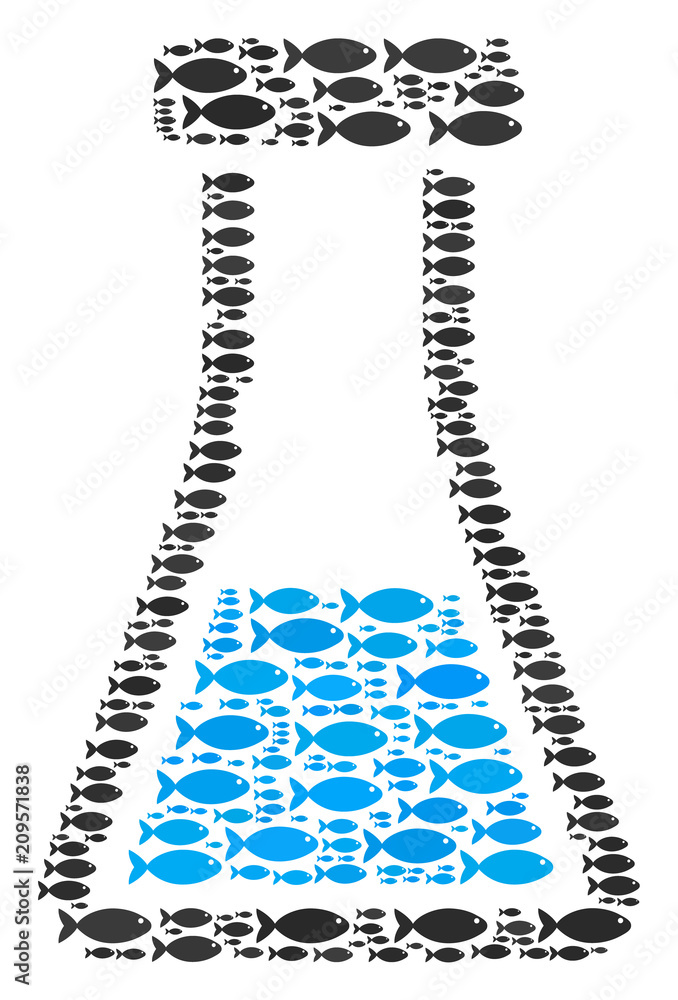 Poster chemical retort vector shape constructed of randomized fish icons in different sizes. fish icons are