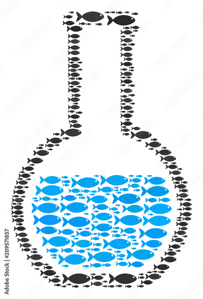 Aufkleber chemical retort vector collage created from randomized fish icons in variable sizes. fish icons are 