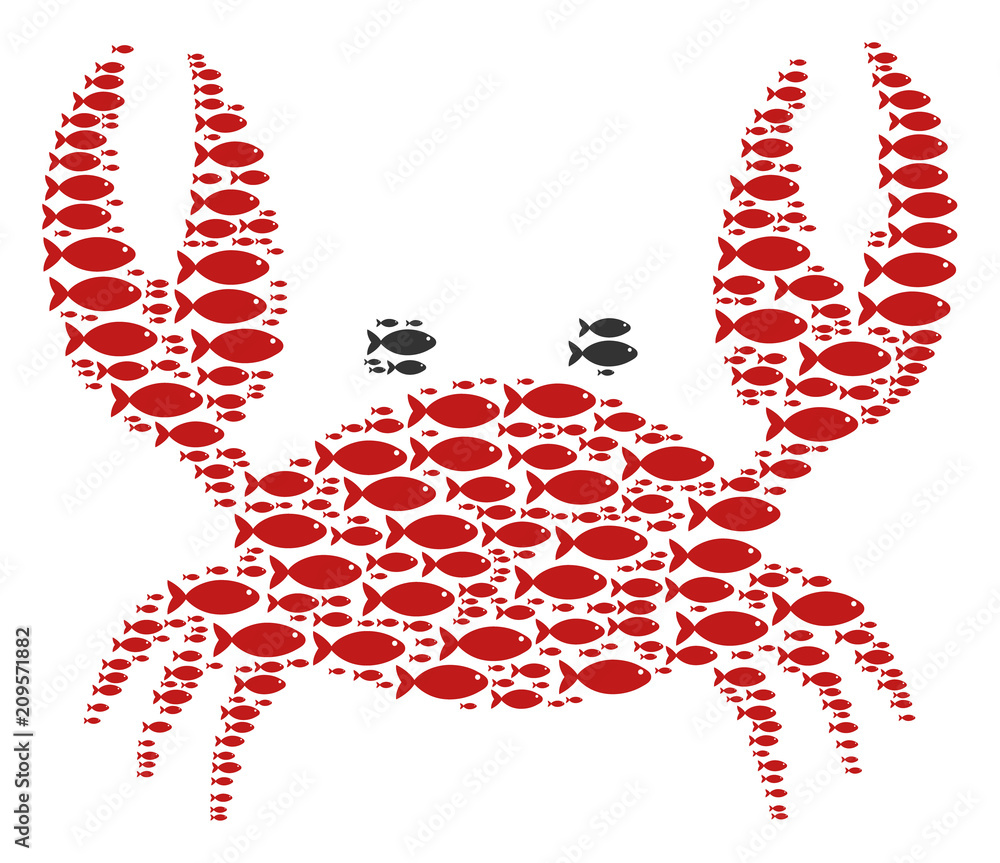Poster crab vector collage built from scattered fish items in different sizes. fish icons are formed into a