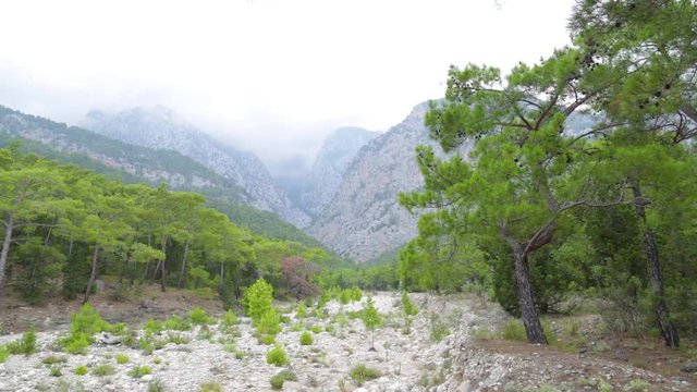 Beautiful cloudy scenic landscape. Dry stony bottom of river in forest. Camera moving from left to right. Taurus mountains in Turkey, Beldibi, between Kemer and Antalya turkish cities in distance.