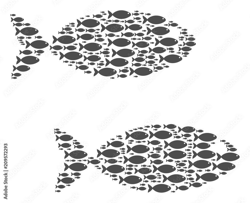 Poster fish pair vector collage created with random fish pictograms in various sizes. fish icons are organi