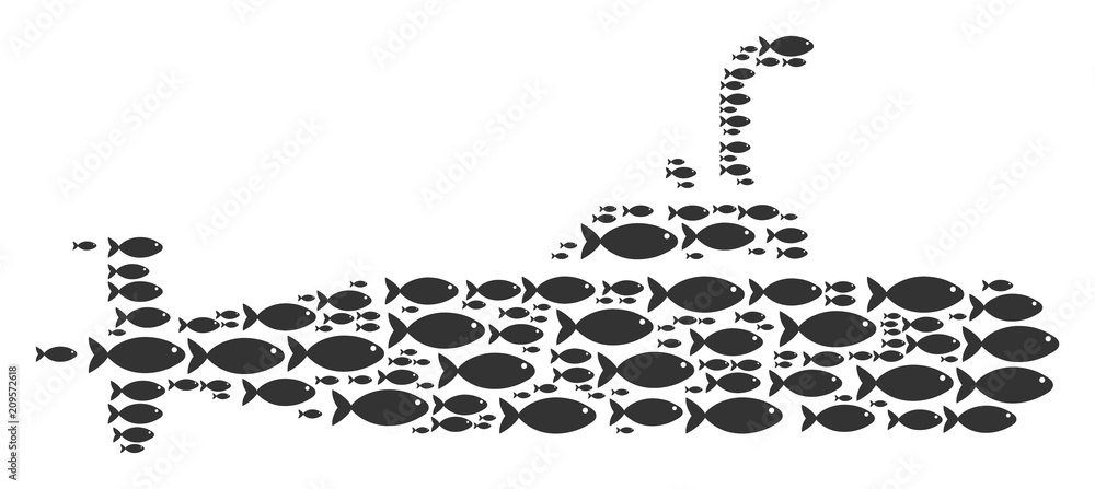 Poster military submarine vector shape formed of randomized fish objects in heterogeneous sizes. fish icons
