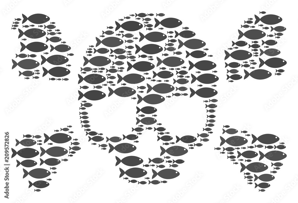 Poster skull crossbones vector collage made of randomized fish pictograms in various sizes. fish icons are 