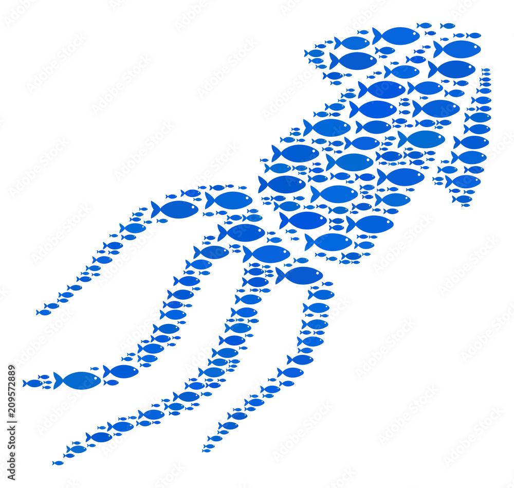 Poster squid vector shape created of scattered fish pictograms in heterogeneous sizes. fish icons are unite