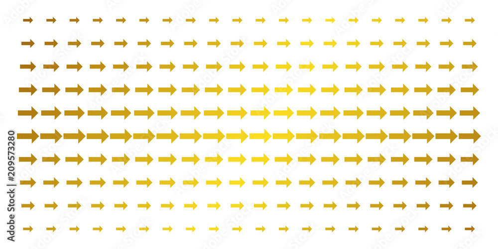 Poster right arrow icon golden halftone pattern. vector right arrow pictograms are arranged into halftone a