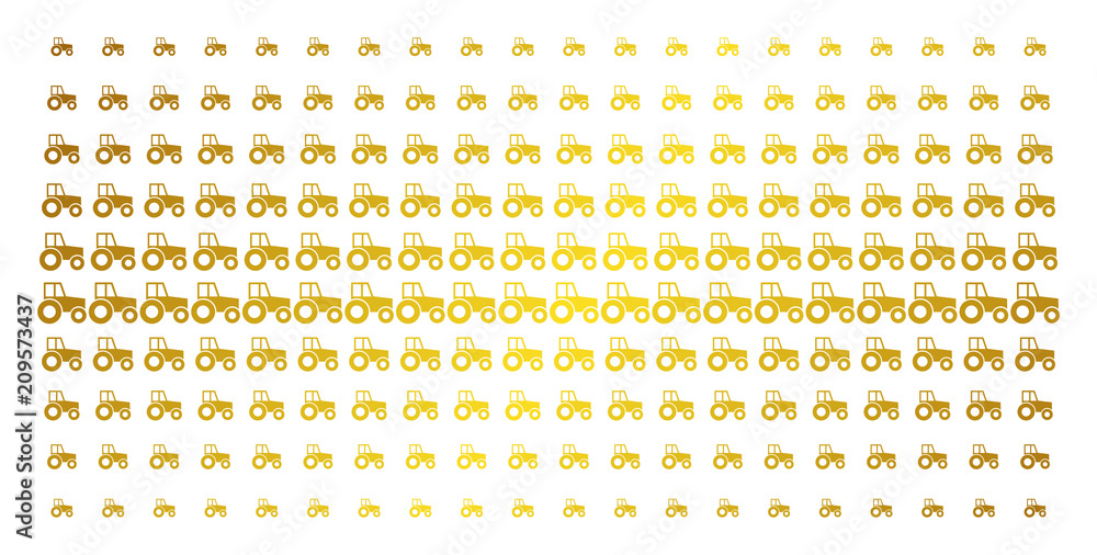 Poster wheeled tractor icon gold colored halftone pattern. vector wheeled tractor items are arranged into h