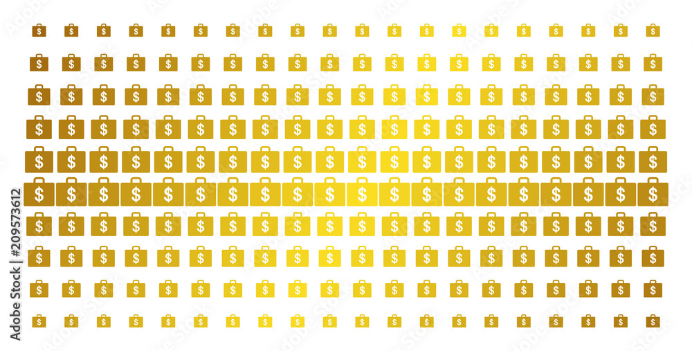 Poster business case icon gold halftone pattern. vector business case items are organized into halftone arr