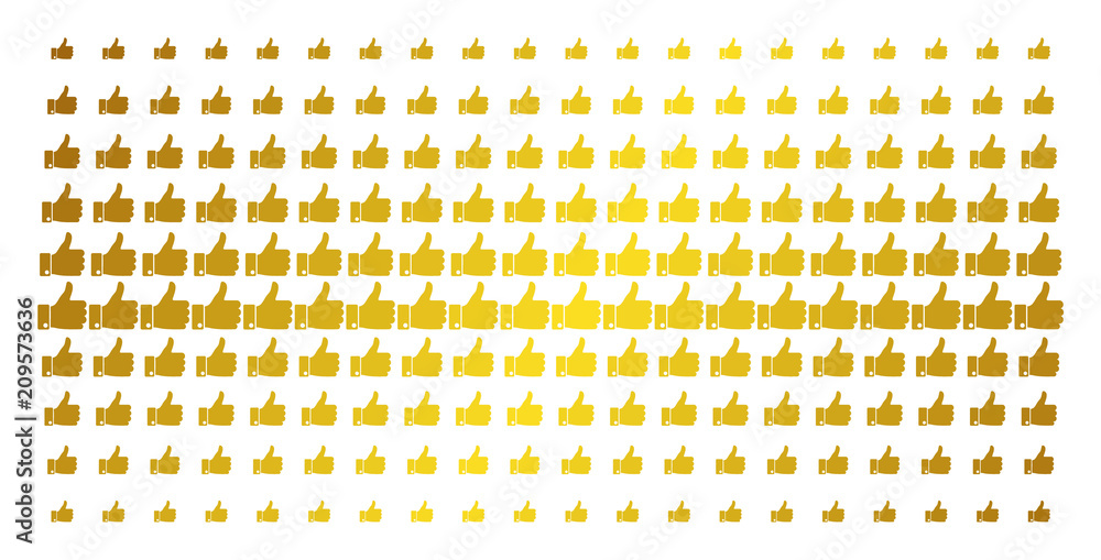 Poster thumb up icon gold colored halftone pattern. vector thumb up shapes are organized into halftone grid
