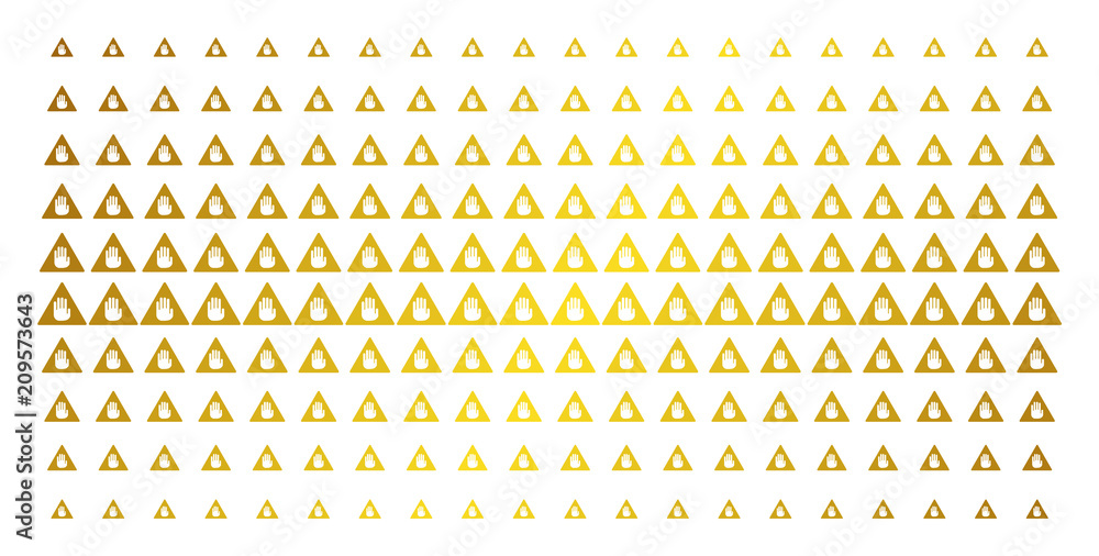 Poster caution icon gold halftone pattern. vector caution shapes are organized into halftone matrix with in