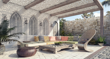 Arabic Home garden exterior and patio 3D Rendering