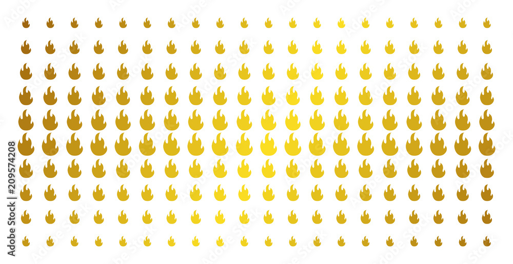 Poster fire flame icon gold colored halftone pattern. vector fire flame objects are organized into halftone