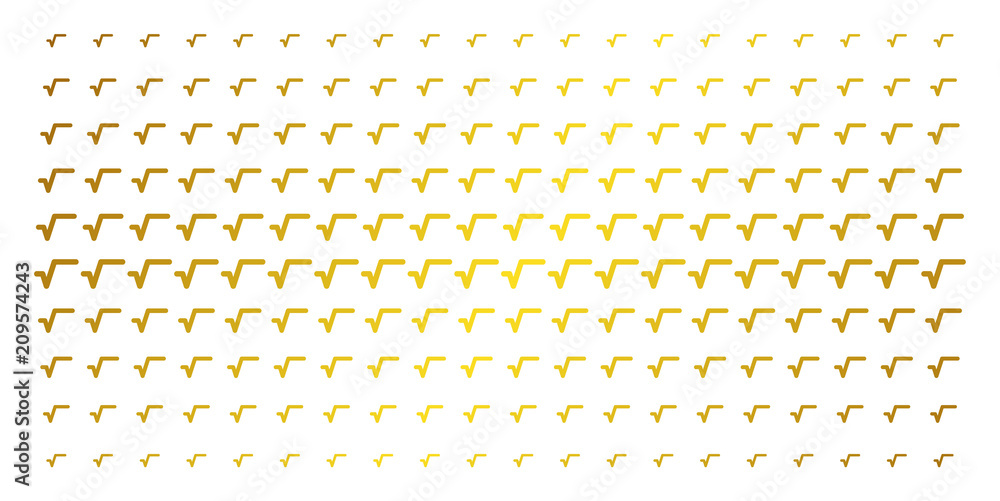Poster sqrt icon golden halftone pattern. vector sqrt items are arranged into halftone grid with inclined g