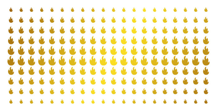Fire flame icon gold colored halftone pattern. Vector fire flame objects are organized into halftone array with inclined gold gradient. Constructed for backgrounds, covers,