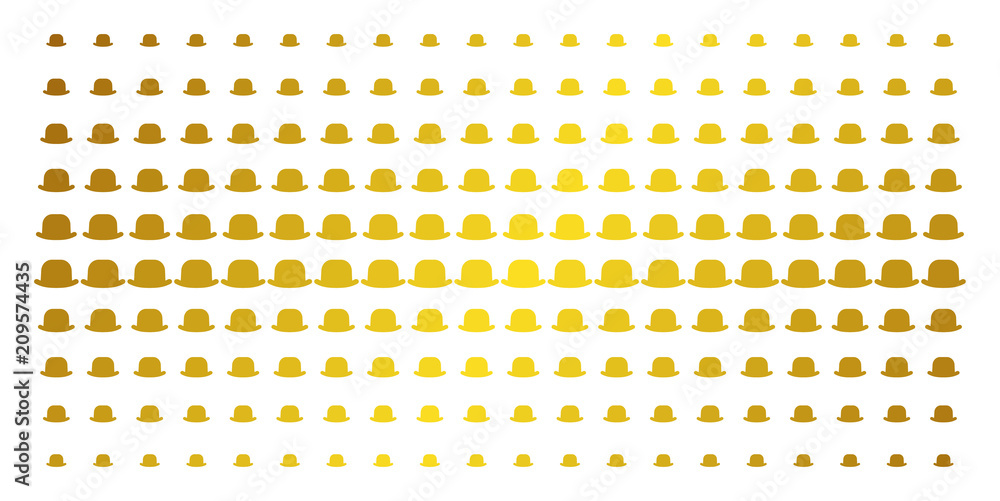 Poster gentleman hat icon golden halftone pattern. vector gentleman hat symbols are arranged into halftone 