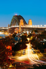 An overlooking view of Sydney Harbour Bridge during twilight
