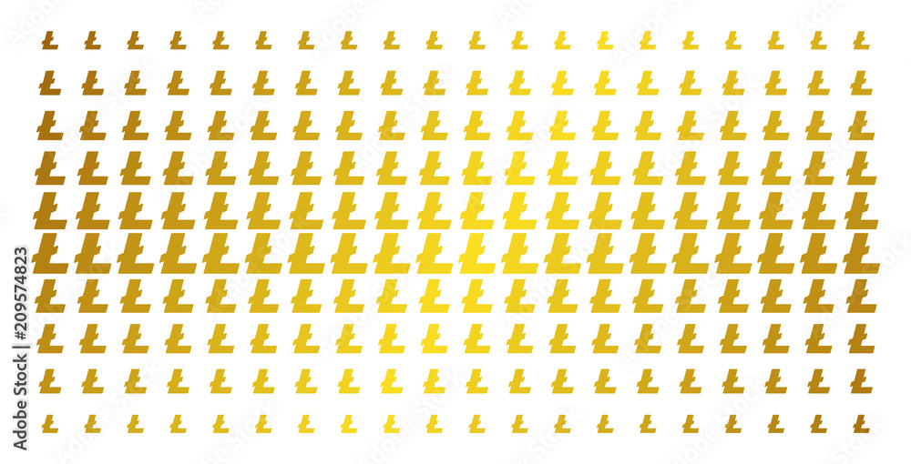 Poster litecoin icon gold halftone pattern. vector litecoin items are organized into halftone matrix with i