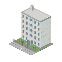 Isometric public residential building isolated on white background. City street 3D view. Object or icon for video game. Vector illustration.