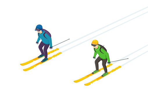 Two skiers on mountain quickly slide. Winter sport and recreation,winter holiday vacation and ski resort. Isometric view. Vector illustration.