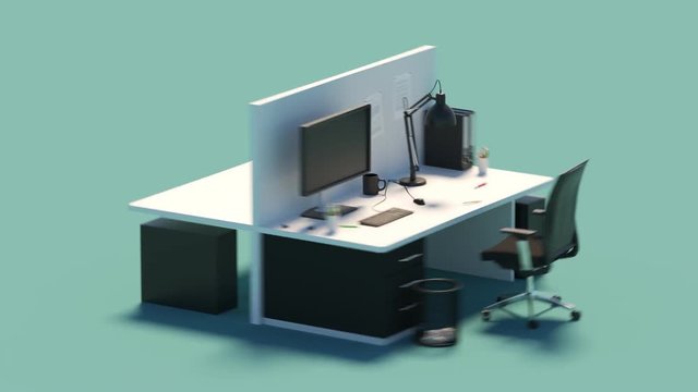 Transformation of two office desks during a day. Business, workplace background