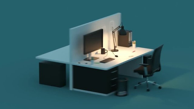 Transformation of two office desks during a day. Business, workplace background