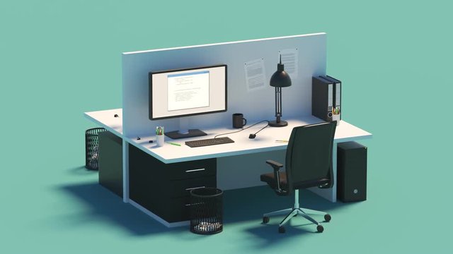 Modern office desks. Red error screen showing on the computer screens.