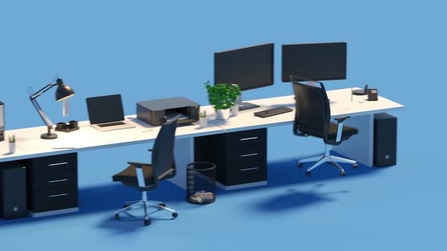 3D office desk with multiple computer workstations and chairs
