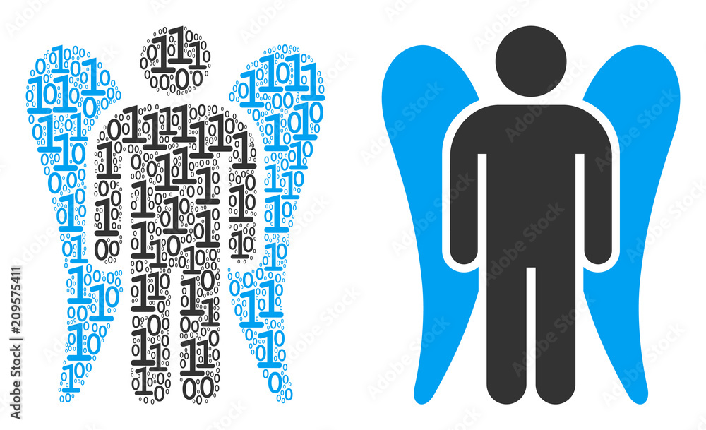 Poster angel collage icon of one and zero digits in random sizes. vector digital symbols are organized into