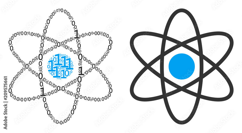 Poster atom collage icon of one and zero digits in different sizes. vector digital symbols are united into 