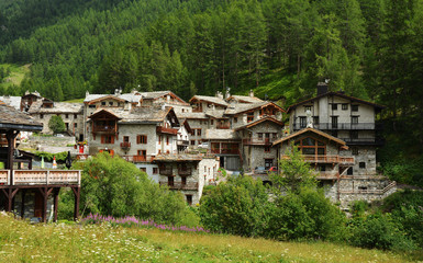 View of old part of Val d'Isere, ski resort, and commune of the Tarentaise Valley, in the Savoie department (Auvergne-Rhone-Alpes region) in southeastern France.