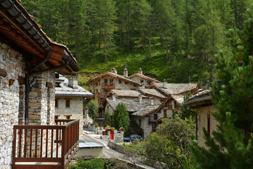 View of old part of Val d'Isere, ski resort, and commune of the Tarentaise Valley, in the Savoie department (Auvergne-Rhone-Alpes region) in southeastern France.