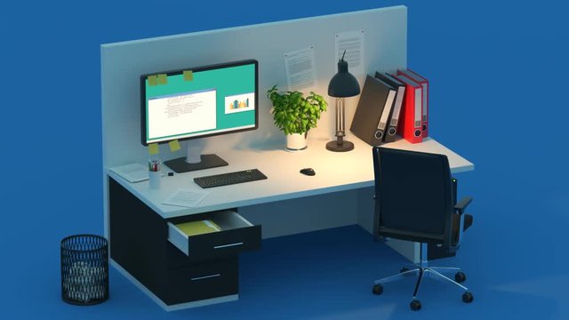 Timelapse of isolated office cubicles during busy day at work. Blue background.