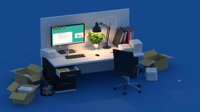 Isolated modern office cubicle. Lots of work piled up. Chaos, overwork, mess.