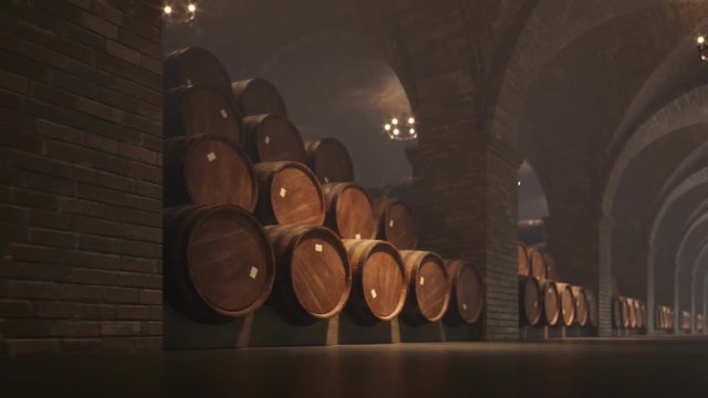 Oak Barrels stacked In a dark Wine Cellar or basement. Traditional winery.