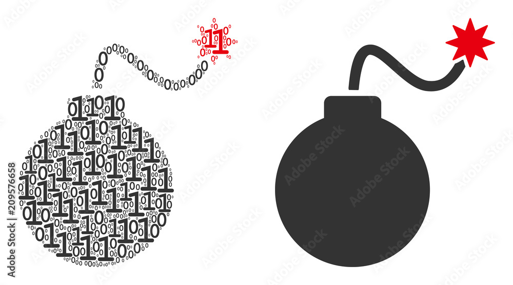 Poster bomb collage icon of zero and one symbols in variable sizes. vector digital symbols are combined int