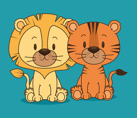 cute and little lion and tiger characters vector illustration design