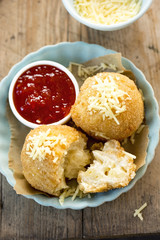 Cheddar cheese bombs with pasta filling & chilli jam