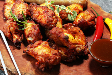 barbecue chicken wings close up on wooden tray