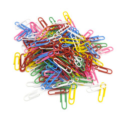 colorful of paper clips isolated on white background