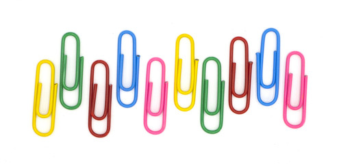 colorful of paper clips isolated on white background