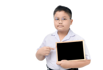 Asian fat student holding blank blackboard