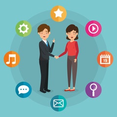 business couple avatars with social media marketing vector illustration design