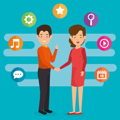 business couple avatars with social media marketing vector illustration design