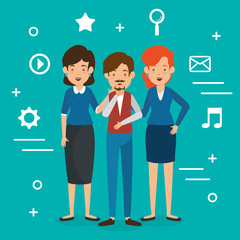 group of people with social media marketing icons vector illustration design