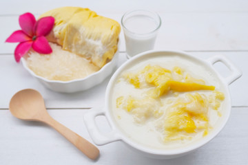 Thai sweet sticky rice with Durian. Thai style tropical dessert
