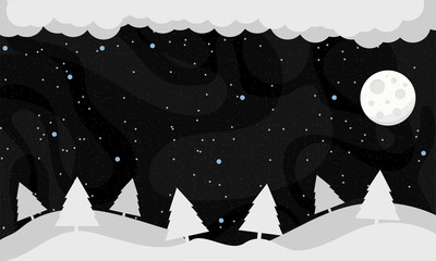 Winter landscape with falling snow and moon. Vector illustration.