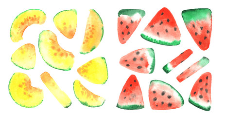 Elements juicy melon and watermelon, in watercolor style.