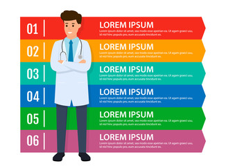 Medical step infographic design. Man doctor standing with a infographics board. Can be used for diagram, workflow layout, banner, web design. Vector illustration.